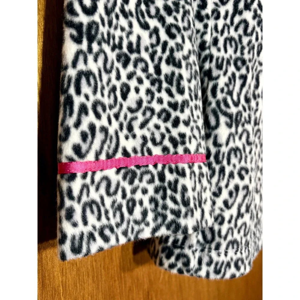 Anne Klein Womens Leopard Print Fleece Pajama‎ Set Button Up Pants Pink Trim Med